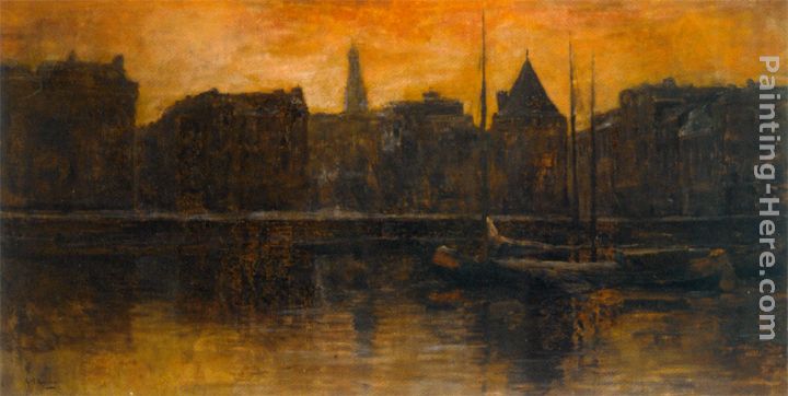 A View of the Prins Hendrikkade with the Schreierstoren, Amsterdam painting - George Hendrik Breitner A View of the Prins Hendrikkade with the Schreierstoren, Amsterdam art painting